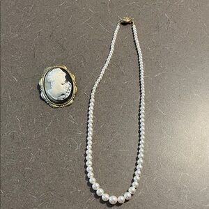 Elegant Vtg Faux Pearl Necklace and Cameo Brooch Scarf Clip